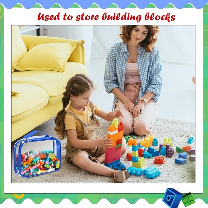 Sanwuta 3 Packs Toy Storage Bags with Zipper, Clear PVC Organizing Bags, Waterproof Toy Bags for Board Games, Building Blocks, Toys and Kids Books (Red, Blue, Green,10.24 x 7.09 x 2.36 Inch)