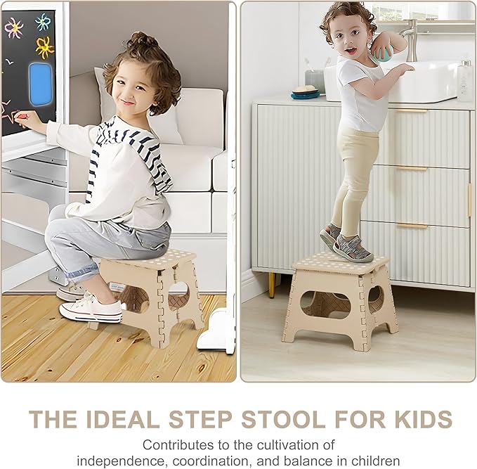 VECELO Folding Step Stool 11 Inch, Non-Slip Surface Portable Foldable 1 Step Stool with Carry Handle, Heavy Duty to Support Kids/Toddler/Adults for Living Room, Kitchen, Bathroom, Set of 2, Khaki