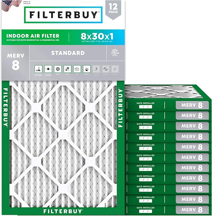 Filterbuy 8x30x1 Air Filter MERV 8 Dust Defense (12-Pack), Pleated HVAC AC Furnace Air Filters Replacement (Actual Size: 7.50 x 29.50 x 0.75 Inches)