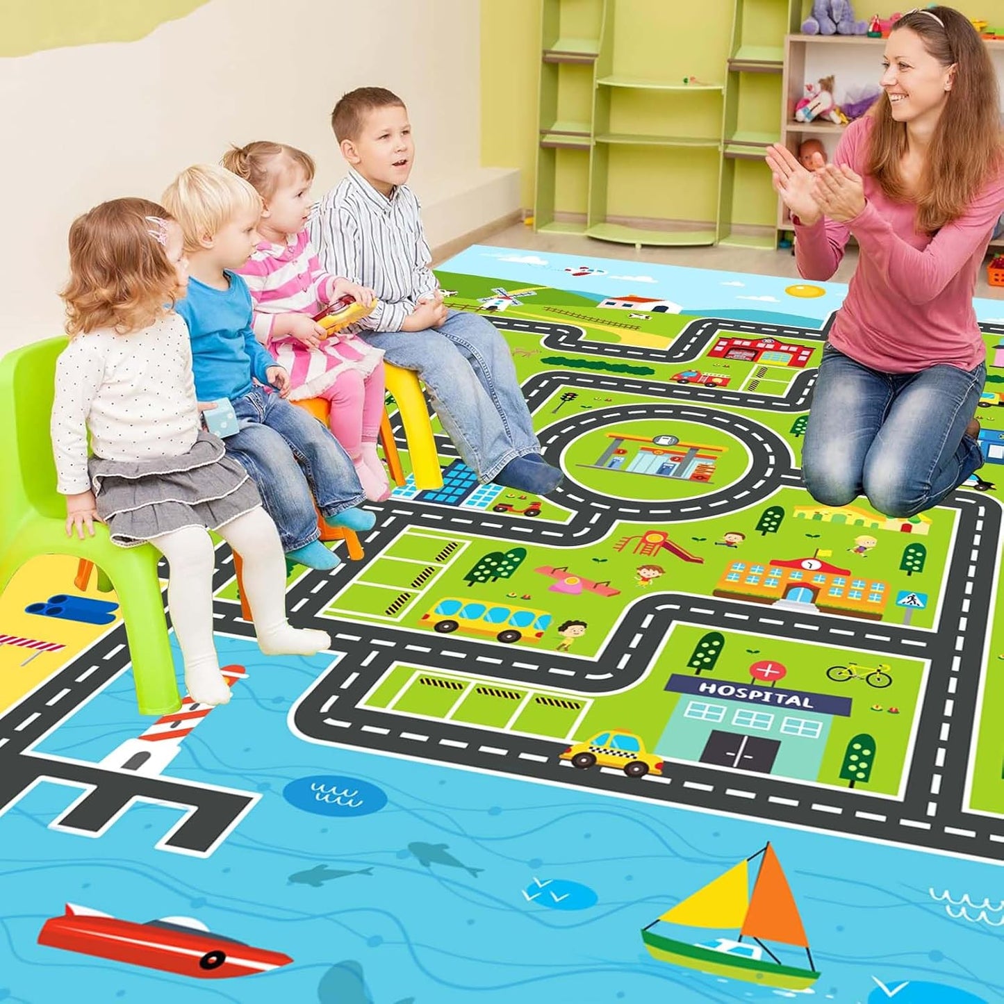 Kids Rug Playroom Car Rug Play Mat City Life Road Rugs Fun City Map for Kids Toy Cars,Carpet for Bedroom Boys (Green-Rug, 2.6x3.9ft)