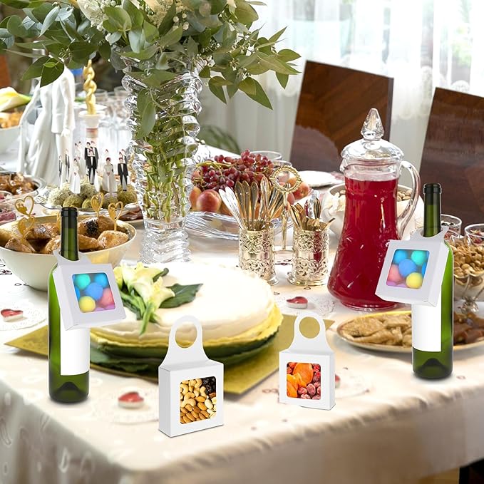 Sibba Kraft Paper Wine Bottle Box 14 Pcs Hanging Foldable Gift Wine Accessory Sets Folding White Bags Reusable Package With Window Handles for Kitchen Dining Engagement Christmas Party