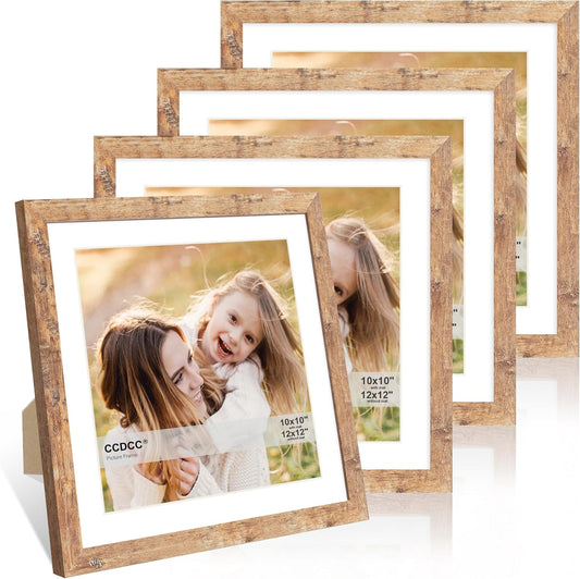 12x12 Picture Frame Set of 4, 12 x 12 Wood Photo Frames with Mat for 10x10 or 30x30cm Diamond Painting Art, Wooden Frame with Real Glass Cover for Wall and Tabletop Display,Brown