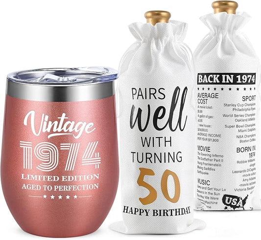 Lifecapido 50th Birthday Gifts for Women, Vintage 1974 Limited Edition Insulated Wine Tumbler with Wine Bag, 50 Year Old 50th Birthday Presents Christmas Gifts for Mom Grandma Wine Lover, 12 oz