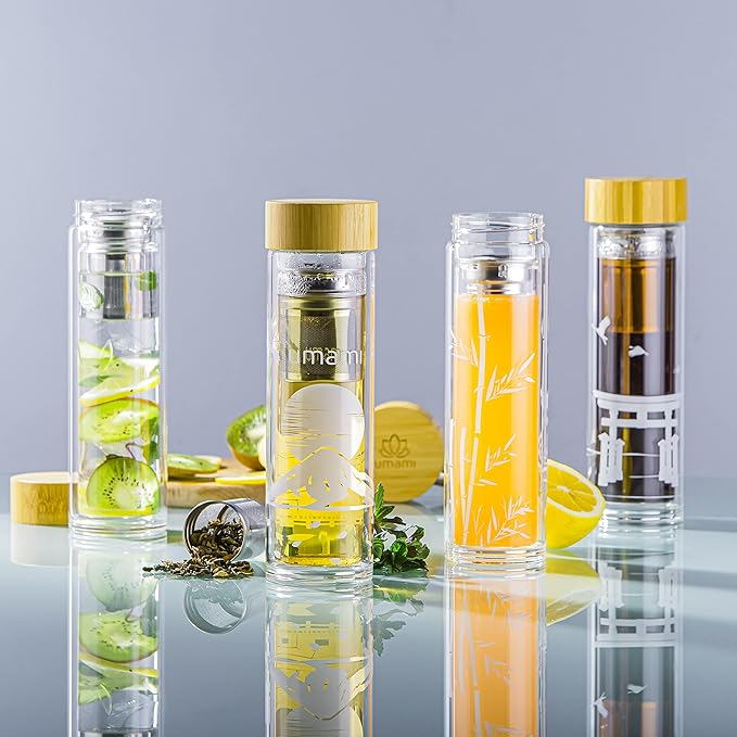 Umami Glass Water Bottle With Tea Infuser And Non Slip Sleeve. Double Wall Borosilicate. Travel Tumbler With Bamboo Lid. 17oz. Design: Torii (Clear Torii)