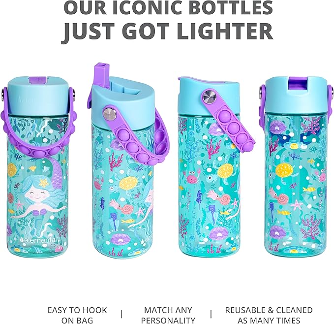 Elemental Leak Proof Water Bottles for Kids - Splash Kids Water Bottle for School with Fun Fidget Pop-it Handle - BPA Free Tritan Plastic Reusable Water Bottle with Straw - Mermaid - 18oz