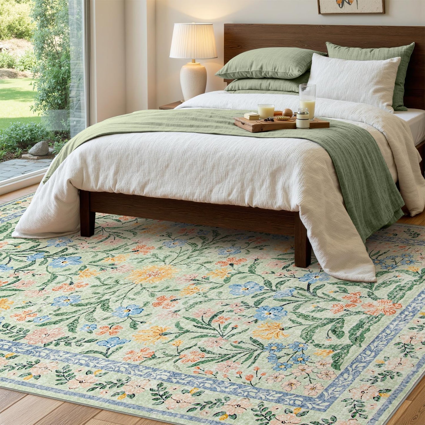 Wonnitar Washable Floral 6x9 Rug, Soft Green Area Rug Boho Non Slip Dining Room Carpet, Non-Shedding Flower Floor Carpets for Kids Bedroom Living Room Dorm Playroom