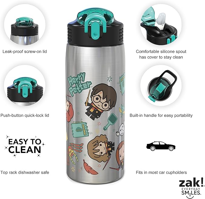 Zak Designs 27oz Harry Potter 18/8 Single Wall Stainless Steel Water Bottle with Flip-up Straw and Locking Spout Cover, Durable Cup for Sports or Travel (27oz, Harry Potter)