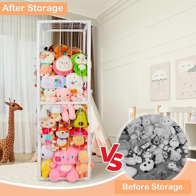 FIOBEE Stuffed Animals Storage Zoo Thicken PVC Tube Kids Toy Storage Organizer with Elastic Band Large Stuffed Animals Holder for Nursery Playroom Bedroom Room Furniture Plush Storage, White