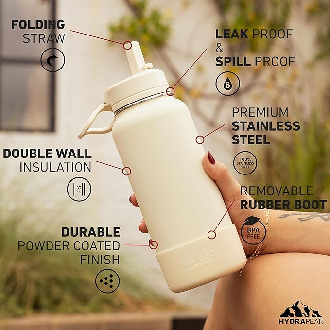 Hydrapeak 26oz Sport Insulated Water Bottle with Straw or Chug Lid, Leak & Spill Proof, Keeps Drinks Cold for 24 Hours, Hot for 12 Hours, Premium Stainless Steel Water Bottles (26oz, Modern Blue)