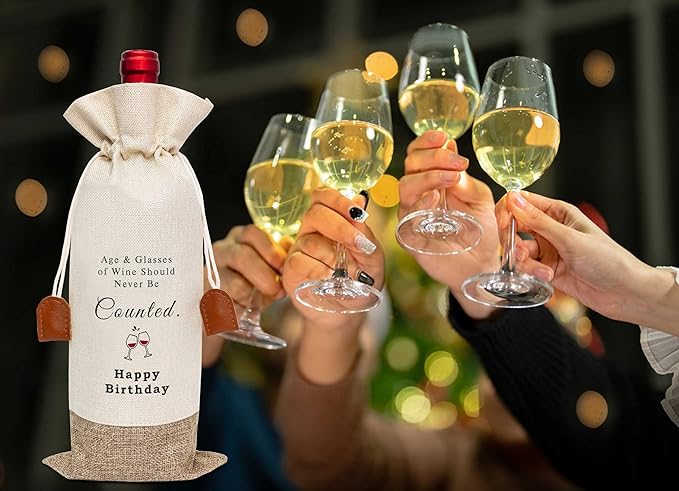 Funny Birthday Wine Bag, Cotton Linen Wine Gift Bag With Drawstring, Wine Champagne Bottle Gift Bag, Birthday Gifts Ideas for Men Woman Her Girl Friend Sister, Birthday Party Favors-36