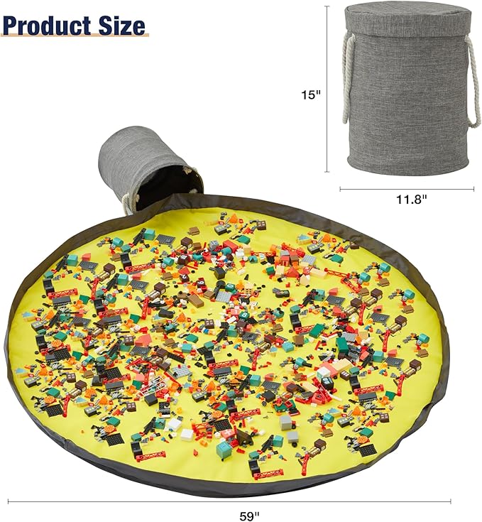 EXQ Home Toy Storage Basket and Building Bricks Toy Play Mat for Kids Rooms (11.8 x15 inches) - Organizer Storage Organizer for Toys, Playroom Canvas Bag Gift for Boy/Girls Grey