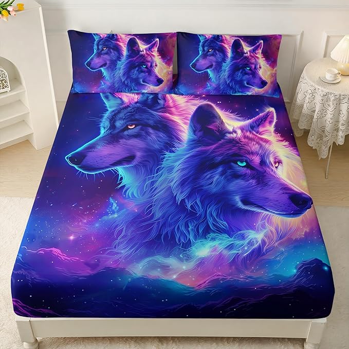 AILONEN Wolf Fitted Sheet Set Queen Size for Boys,Purple Galaxy Wolf Bed Sheet Set for Kids Teen, 3 Pieces Safari Wolf Sheet Set,Starry Wolves Fitted Sheet with 2 Pillowcases