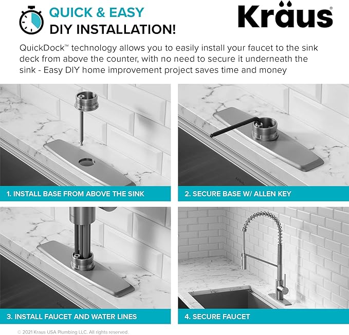 KRAUS Oletto Commercial Style Single Handle Pull Down Kitchen Faucet with QuickDock Top Mount Installation Assembly in Brushed Brass, KPF-2631BB