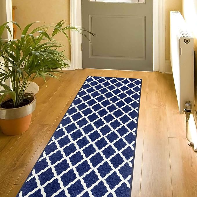 Ottomanson Glamour Collection Non-Slip Rubberback Moroccan Trellis Design 2x6 Indoor Runner Rug, 2'2" x 6', Navy
