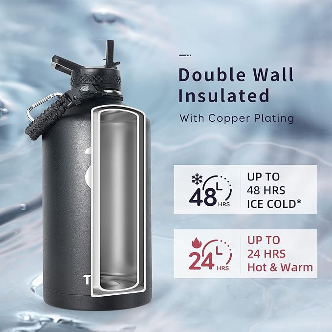 Trebo One Gallon Water Bottle Insulated with Paracord Handle,128oz Food-grade Double Wall Vacuum Stainless Steel Insulated Jug with Straw Spout Handle Lids, Leakproof Keep Cold & Hot,Black