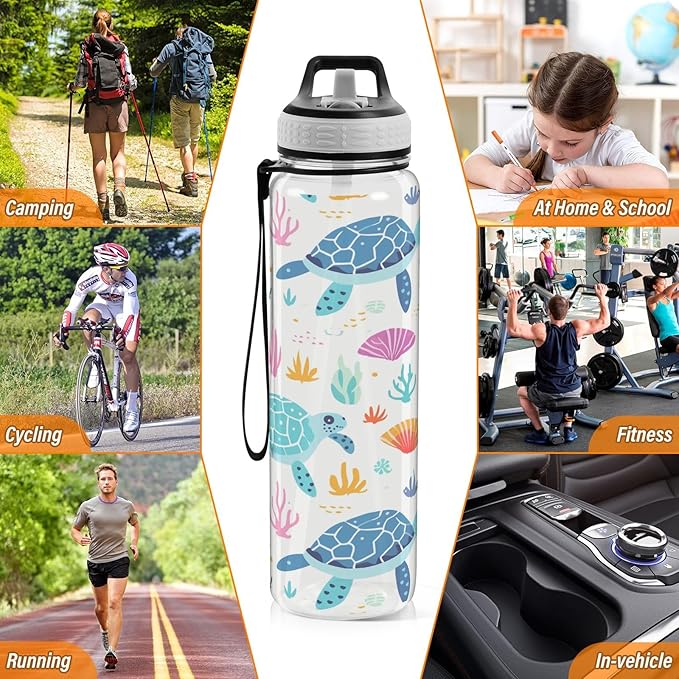 senya Rainbow Turtle Sport Water Bottle with Straw Tritan Clear Bottle for Outdoor Gym Travel