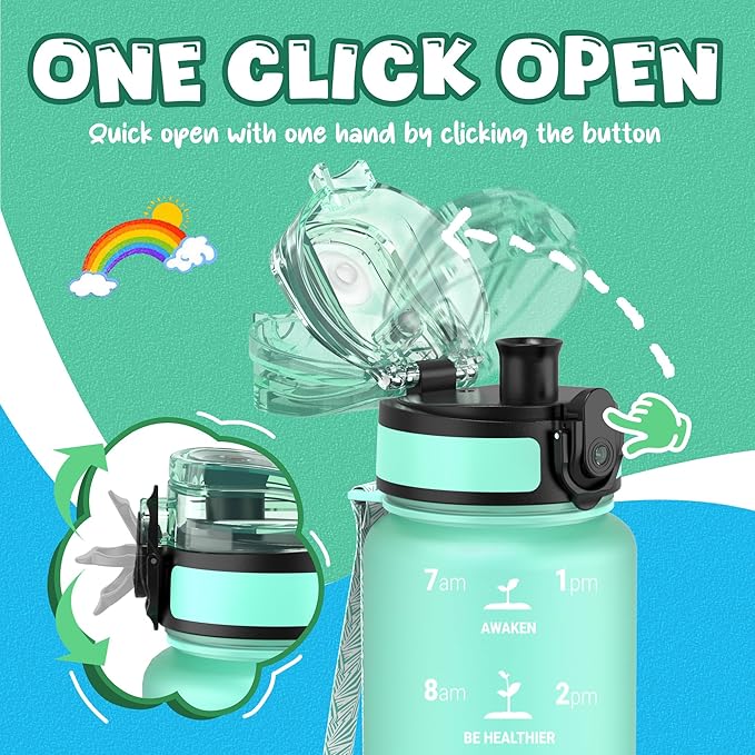 OLDLEY Kids Water Bottle for School, 17 oz (2 lids) BPA-Free Reusable Leak-proof Durable Tritan Plastic Water Bottles with Straw & Chug Lids, Anti-dust Spout Cover (Mint Green)