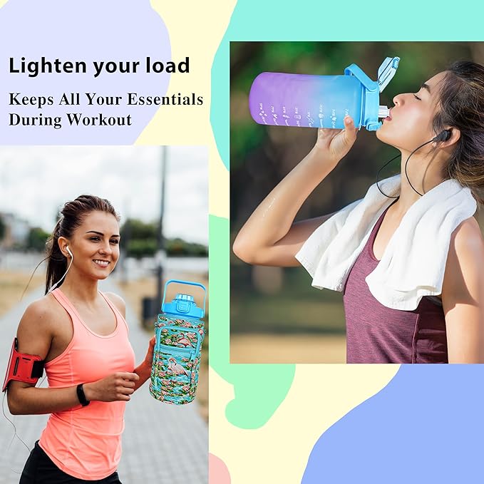 64 oz Water Bottle with Straw Sleeve & Strap Motivational Half Gallon Water Jug with Handle for Gym Women Men Aesthetic Water Bottle with Strap Flamingo