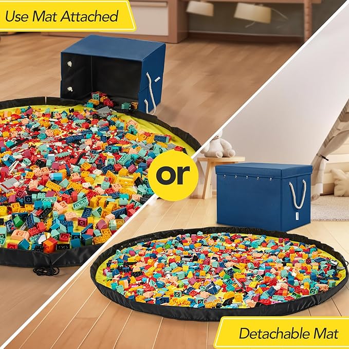 Toy Storage Organizer and Play Mat for Kids - Foldable Organizer Storage Bins with Lids - Detachable Mat Storage Bag Kids Toy Box for Boys, Girls, Nursery, Playroom, 11.6''x11.6''x15.5''(Blue)