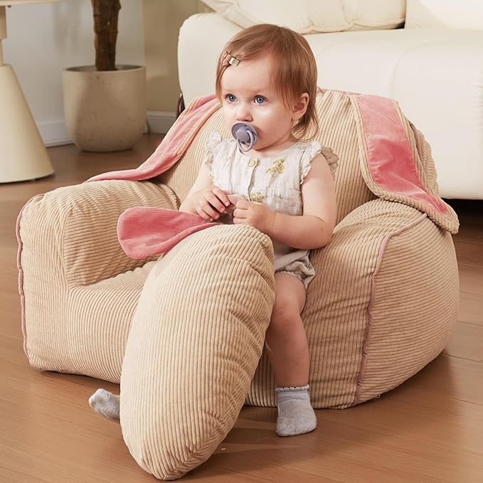 Rabbit Toddler Sofa, Toddler Bean Bag Chair with Carrot Pillow, Corduroy Kids Armchair, Comfortable Toddler Chair for Boys and Girls
