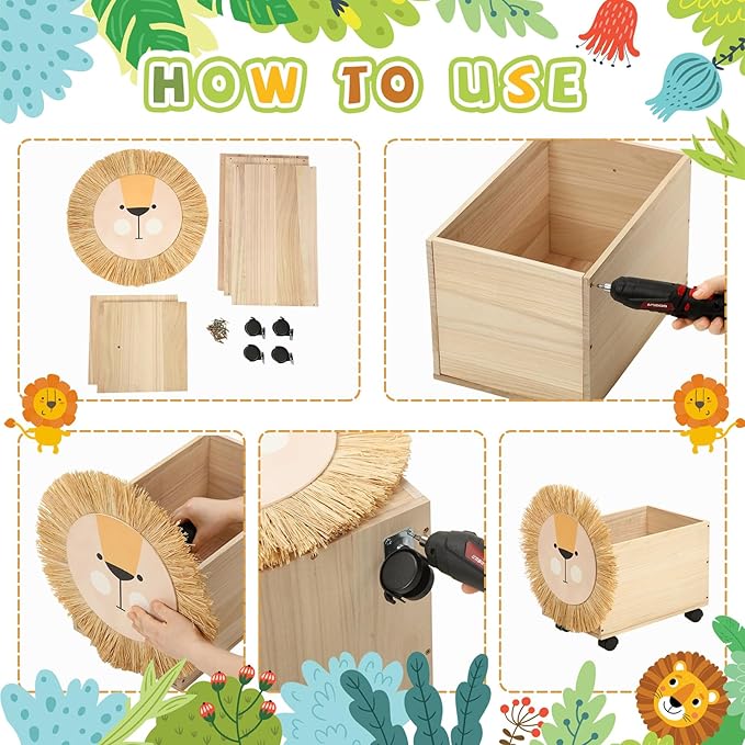 Kids Toy Box Storage Wooden Toy Chest Toy Organizers for Boys Girls Toy Box with Wheels 16x 10 x 10 Inch Lion Toy Storage Organizer Nursery Decor for Bedroom Living Room Easy Assembly