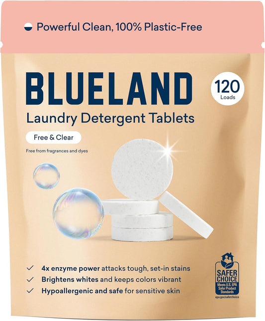 BLUELAND Laundry Detergent Tablets, 120 Count, Plastic-Free Eco-Friendly Pods, Sheets, Liquid Alternative - Fragrance Free and Clear, Natural, Gentle