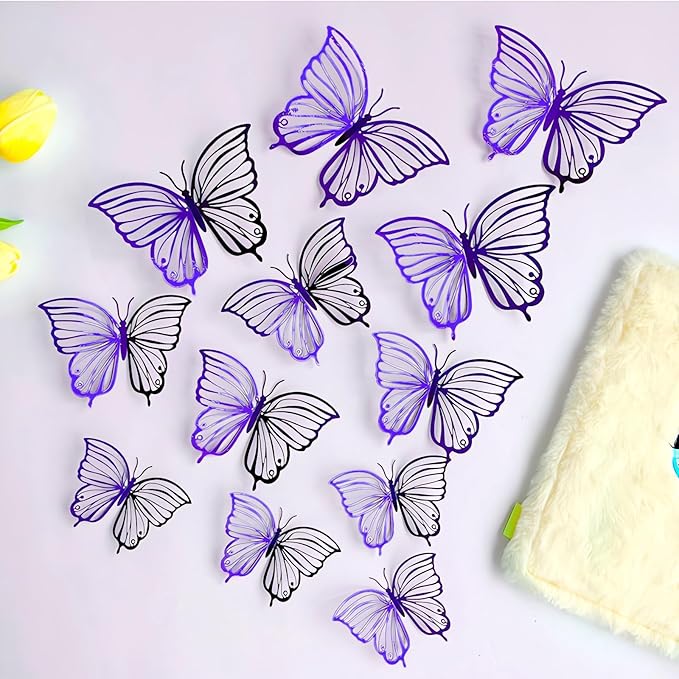3D Butterfly Wall Decor 48 Pcs 4 Styles 3 Sizes, Butterfly Birthday Decorations Butterfly Party Decorations Cake Decorations, Removable Stickers(Purple)