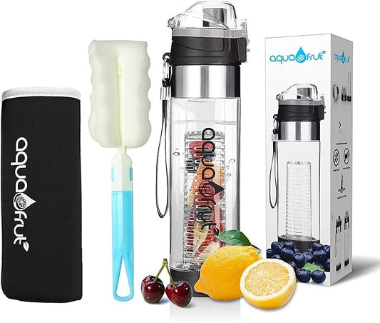 NEW AquaFrut Bottom Loading Fruit Infuser Water Bottle Complete Bundle Includes Bottle Brush, Insulating Sleeve & Infusion Recipe eBook. Leak Proof Sweat Proof BPA-Free (Black)