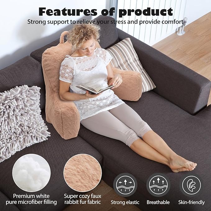 Reading Pillow Large Bed Pillow,Backrest with Arms, Back Support for Sitting Up in Bed, Couch for Lounging Bedrest,Camel