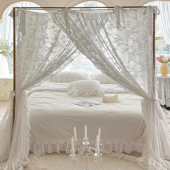 Mengersi Canopy Bed Curtains with Tie Backs,Bed Canopy Curtains Bed Drapes Sheer Curtains for Bedroom Decor（Full,White