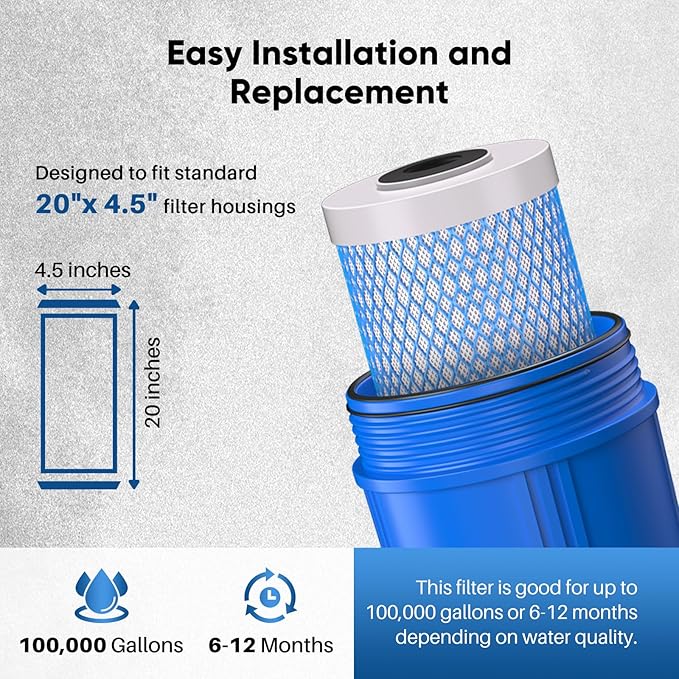 PUREPLUS 5 Micron 20" x 4.5" Whole House Lead Removal Water Filter, Enhanced Coconut Shell Activated Carbon Water Filter, Replacement Cartridge, CTO20BB-CQB, 2 PACK