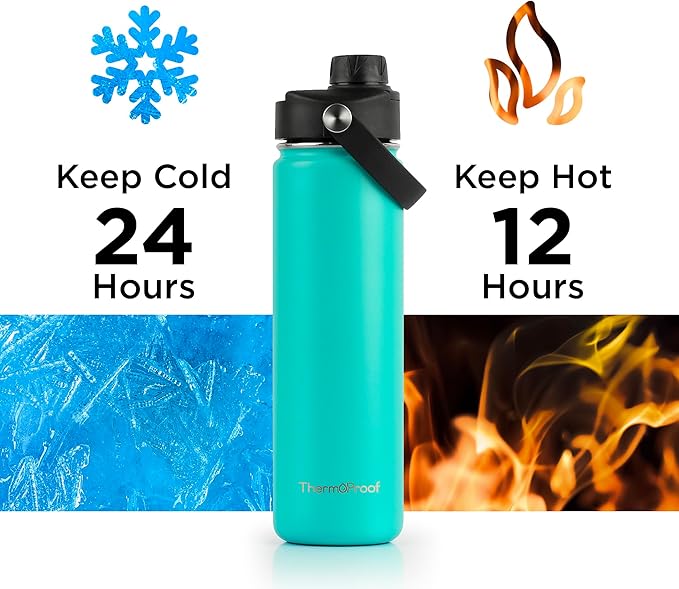 ThermoProof Hot & Cold Insulated Stainless Steel Water Bottle, Durable Leak Proof Gym Bottles for Men, Women & Kids, Double Walled Vacuum Bottles - 2 Lids (Mint, 22oz)