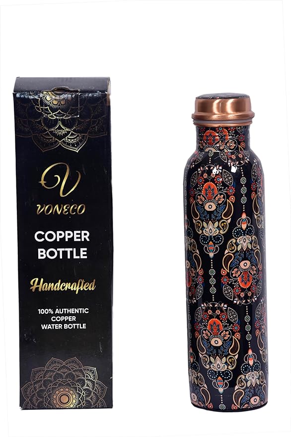 Copper Bottle For Drinking Water 33 Oz Ayurvedic Leak Proof lid Enamel Multi Colour Design Durable Lightweight Hand Washable Vessel Clean Cool Water Natural Minerals Boost Energy Water Utensil