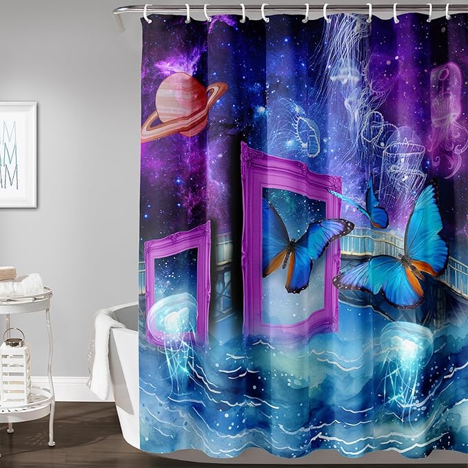 AILONEN Blue Butterfly Shower Curtains,Purple Galaxy Bath Curtains for Bathroom for Girls,Blue Ocean Jellyfish Curtains,Polyester Waterproof with 12 Hooks 72" W*72" H