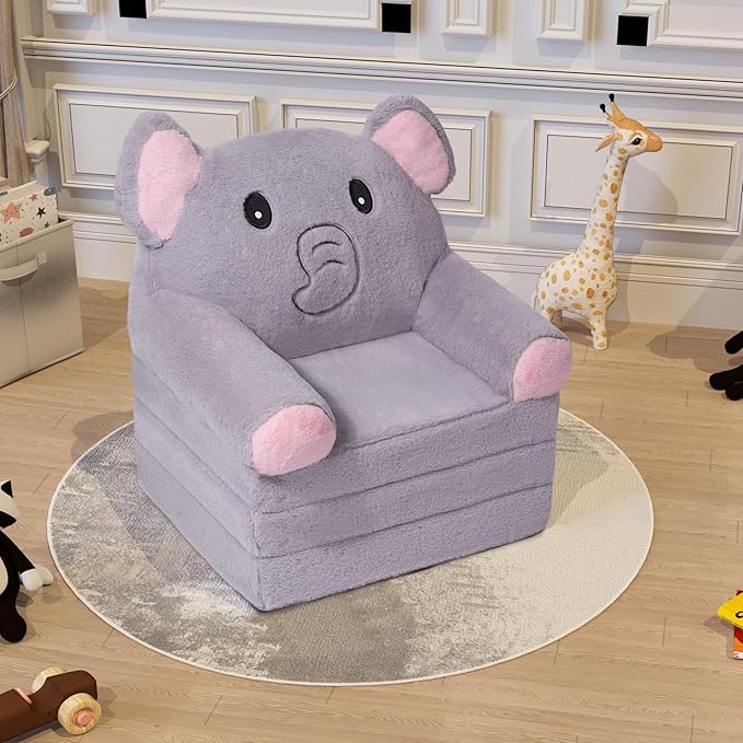 Kids Sofa Chair for Toddler, 2-in-1 Folding Soft Baby Couch with Removable Cover, Comfy Plush Children's Recliner, Convertible Floor Sofa Bed to Lounger for Girls Boys Age 1-3,Elephant Grey