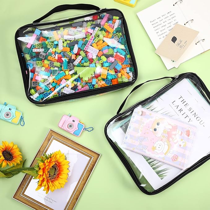 Sanwuta 3 Packs Toy Storage Bags with Zipper, Clear PVC Organizing Bags, Waterproof Toy Bags for Board Games, Building Blocks, Toys and Kids Books (Black,10.24 x 7.09 x 2.36 Inch)