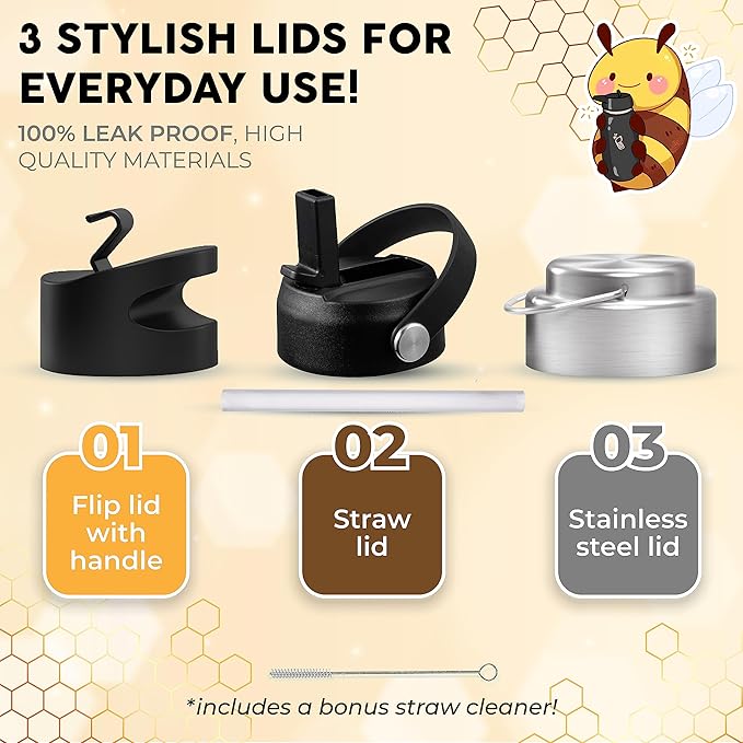 Sports Water Bottle - 32 Oz, 3 Lids (With straw), 50 Cute Stickers, Vacuum Insulated, 308 Stainless Steel, with a Portion of Sales Supporting Bee Conservation Efforts (Gray)