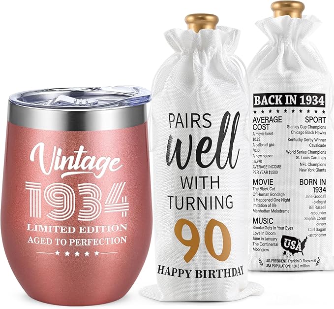 Lifecapido 90th Birthday Gifts for Women, Vintage 1934 Limited Edition Insulated Wine Tumbler with Wine Bag, Gifts for 90 Year Old Woman, 90th Birthday Gift Ideas for Mom Grandma Wine Lover, 12 oz
