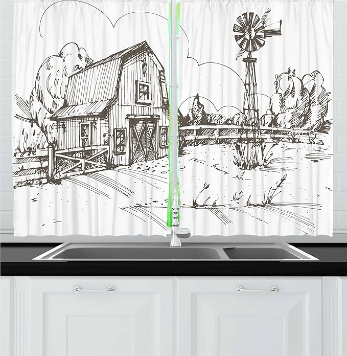 Ambesonne Windmill Kitchen Curtains, Rustic Barn Farmhouse Hand Drawn Illustration Countryside Rural Meadow, Window Drapes 2 Panel Set for Kitchen Cafe Decor, 55" x 36", Taupe