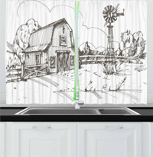 Ambesonne Windmill Kitchen Curtains, Rustic Barn Farmhouse Hand Drawn Illustration Countryside Rural Meadow, Window Drapes 2 Panel Set for Kitchen Cafe Decor, 55" x 30", Taupe