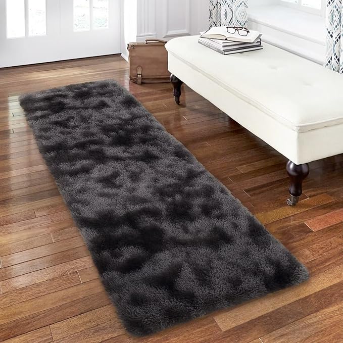 Fluffy Runner Rugs for Bedroom Living Room Soft Shag Rug 2x6 Feet Plush Shaggy Bedside Rug for Kids Girls Boys Room Non Slip Non Shedding Home Decor Mat for Nursery Dorm, Tie Dye Dark Grey