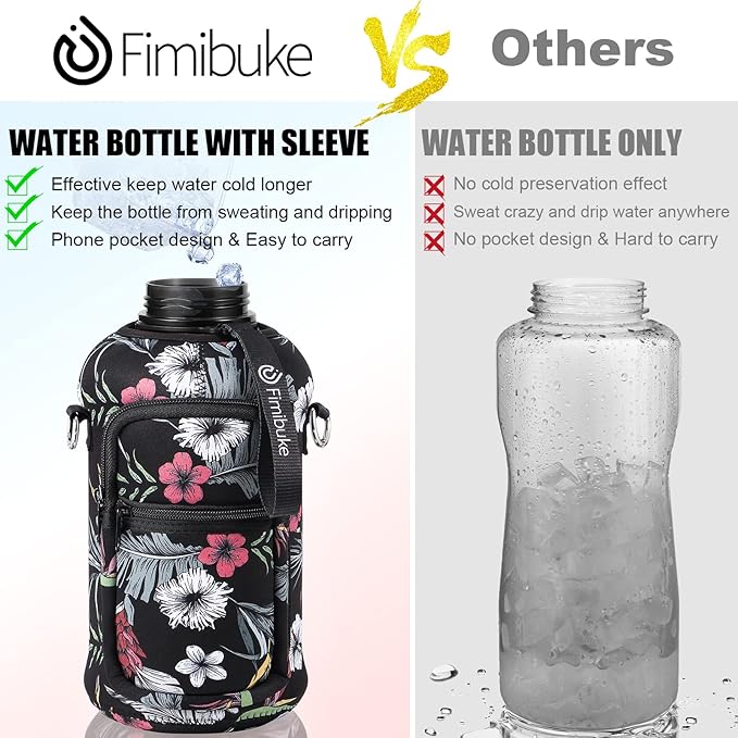 Fimibuke Half Gallon Water Bottle with Sleeve 64 OZ Water Bottle with Handle & Straw Leakproof Motivational Sports Gym Water Bottle with Time Marker BPA Free Water Jug with Reusable Neoprene Holder