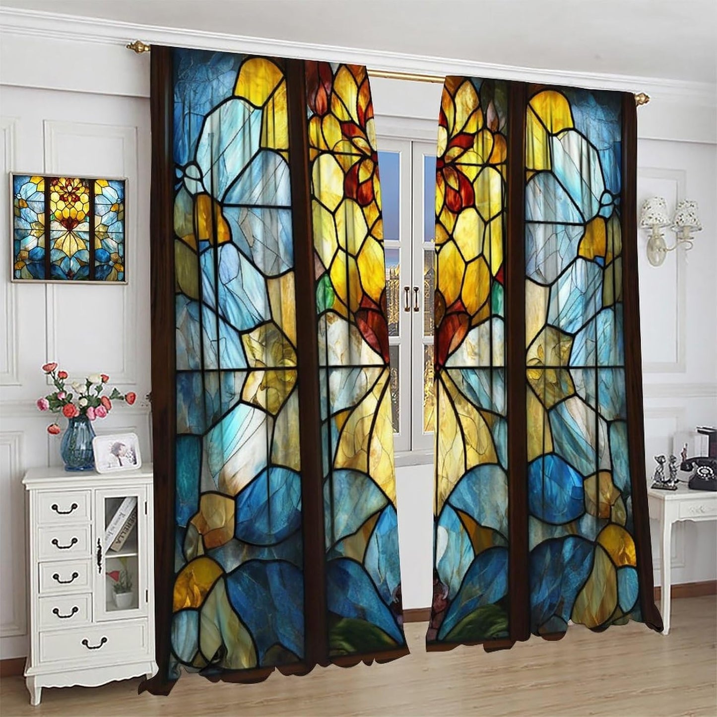 Stained Glass Curtains,Retro Abstract Colorful Art Home Decor Drapes for Bedroom Living Room Kitchen Window Treatment 2 Panels Set Total Size 84" W X 84" L Inch