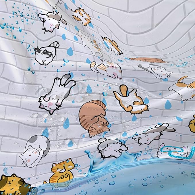 AILONEN Cute Cat Shower Curtain for Kids 72" W*72" H Inch,Colorful Animals Playing Water Kids Lovely Funny Hilarious Shower Curtain,12 Pack Hooks Polyester Waterproof Fabric Decor for Bathroom