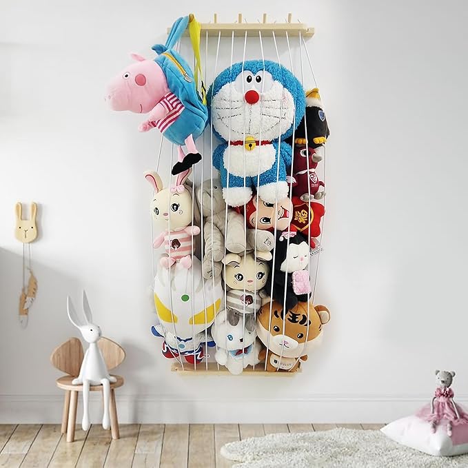 Stuffed Animal Storage Wood Plush Toys Holder with Hooks, Length Adjustable Hanging Stuffed Animal Toy Organizer Shelf for Nursery Kid Room Play Room Bedroom