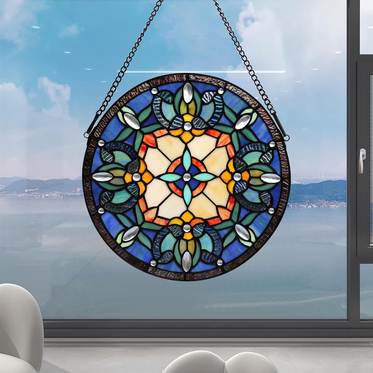 Handcrafted Stained Glass Window Panel - 12-Inch Round Floral Design with Vibrant Colors, Elegant Decorative Hanging Art for Home Décor, Includes 20-Inch Chain & Hook (Blue iris)