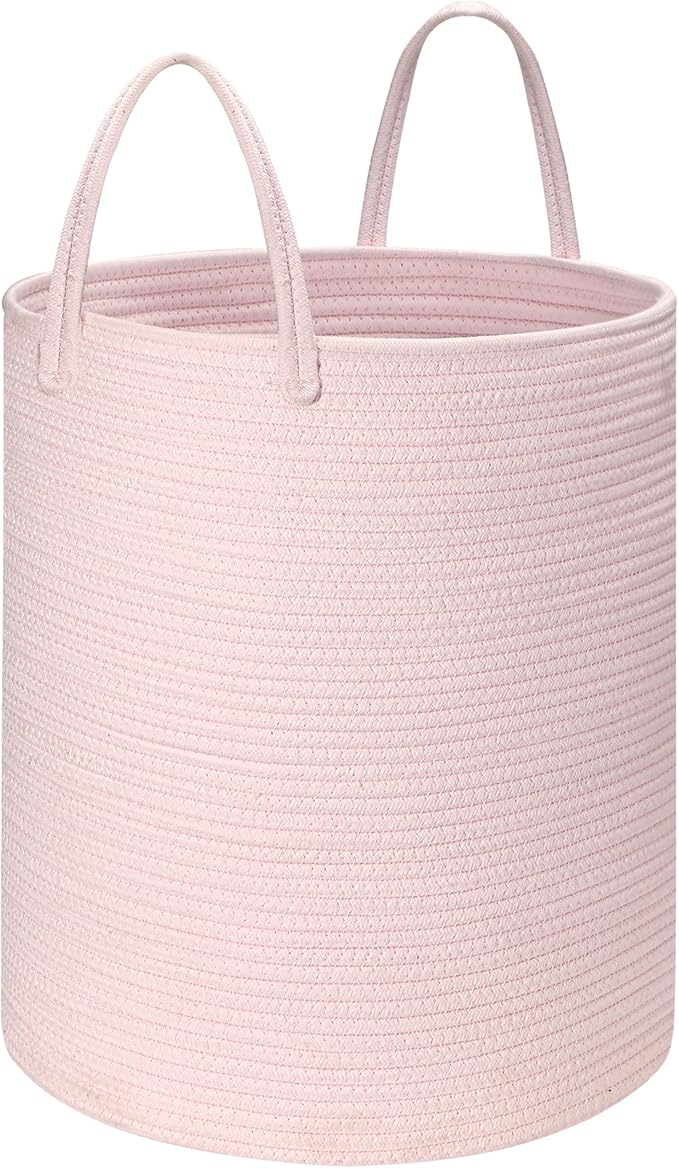 Baby Laundry Basket Hamper,Woven Cotton Rope Pink Laundry Basket Nursery Hamper Bin Storage Basket for Girls Kids Living Room Bedroom Cute Boho Tall Woven Rope baskets for Clothes Blanket Toys Large