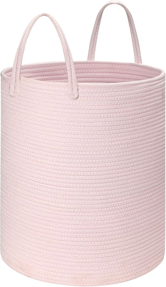 Baby Laundry Basket Hamper,Woven Cotton Rope Pink Laundry Basket Nursery Hamper Bin Storage Basket for Girls Kids Living Room Bedroom Cute Boho Tall Woven Rope baskets for Clothes Blanket Toys Large