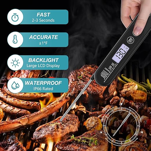 Ultrean Meat Thermometer Instant Read for Grill and Cooking, 3 Seconds Fast Precise Digital Food Thermometer with Backlight, Magnet, Foldable Probe
