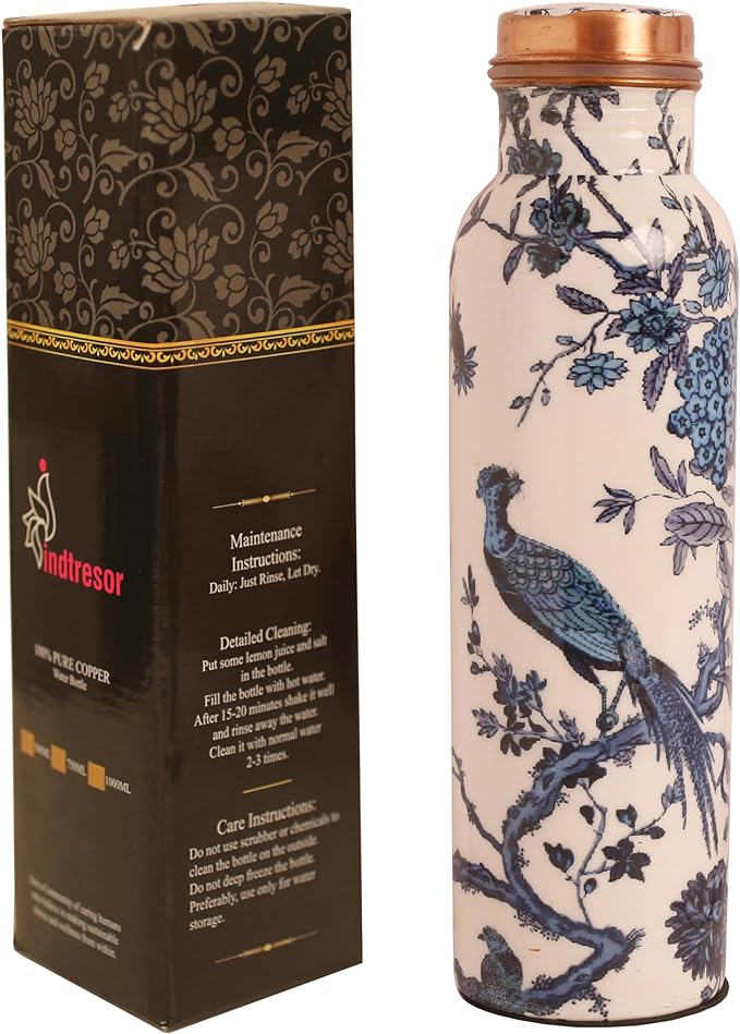 Pure Copper Water Bottle - Handcrafted - Ayurveda health benefits - Large 35 oz - Leak proof, Easy to carry for Sports, Fitness, Yoga, School - White Base Indigo Blue Floral Peacock Enamel